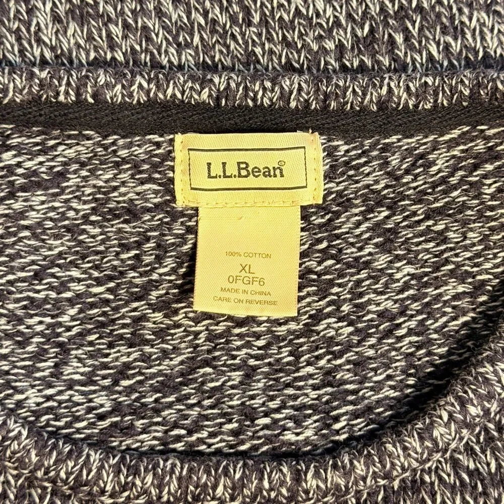 LL Bean Chunky Knit Sweater Mens XL Navy Blue White Marled Cotton Crewneck